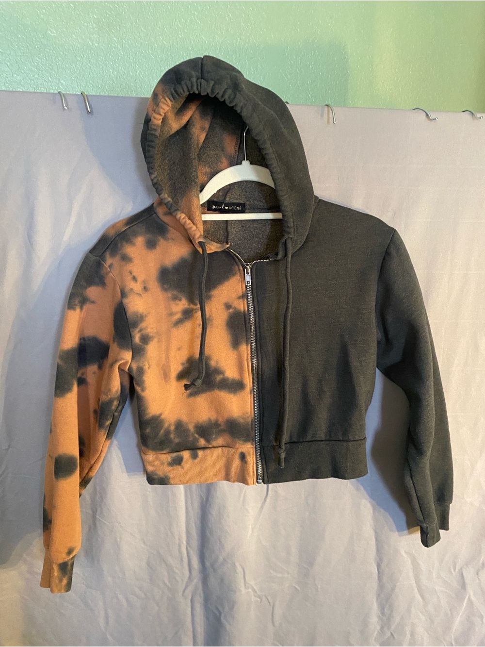 Two-Tone Cropped Hoodie — Grey & Tan Tie-Dye